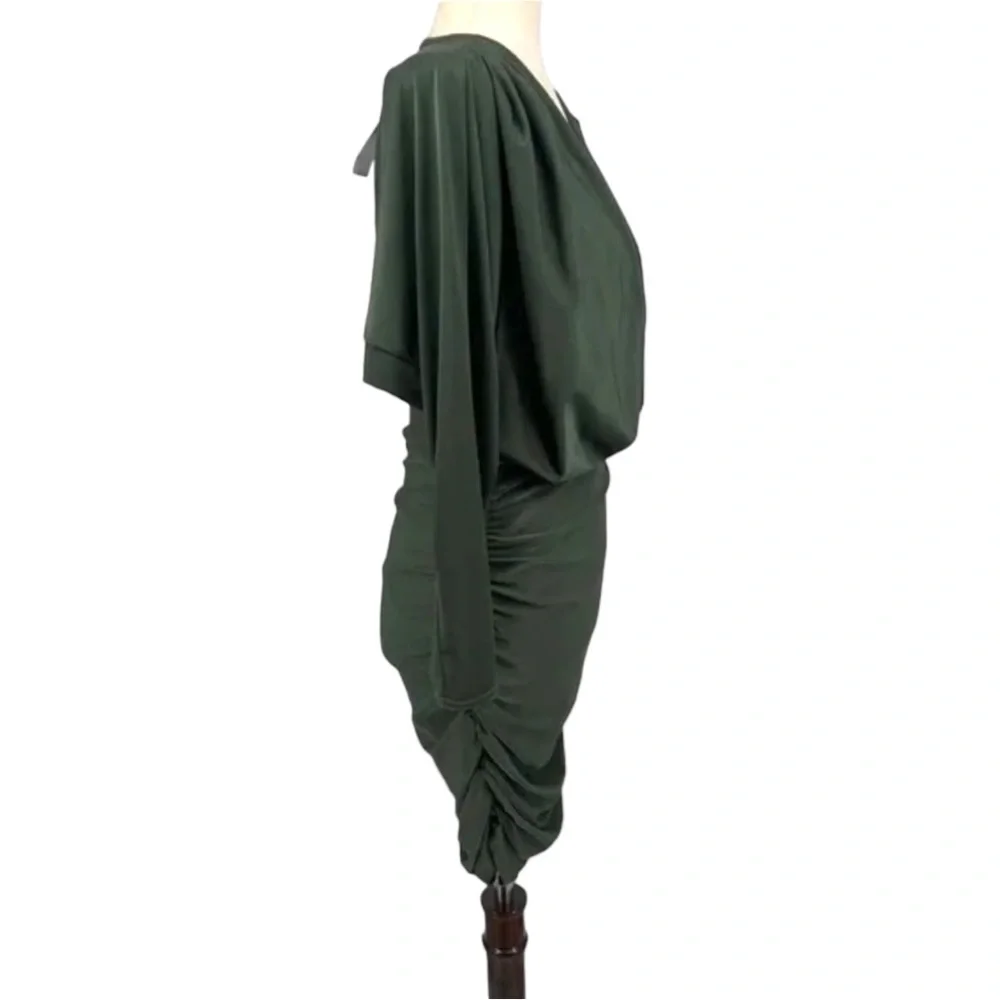 SOLD! Olive Green Surplice Batwing Midi Ruched Long Sleeve Dress Size Medium/8 - Picture 4 of 10